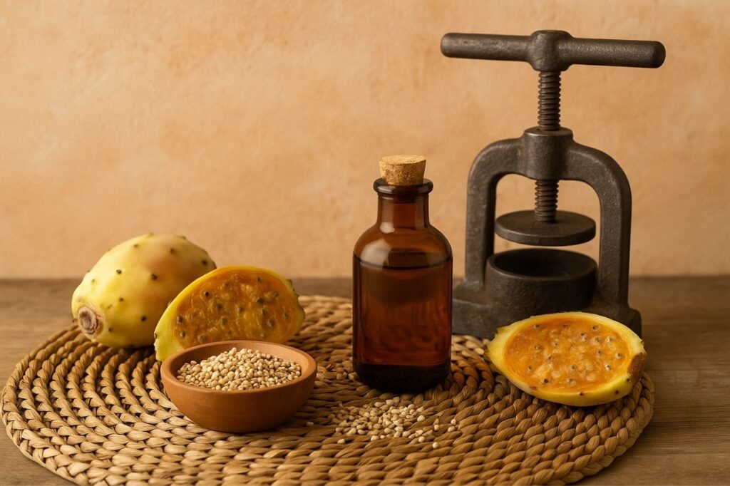 Huile de figue de Barbarie et fruits frais dans un atelier artisanal