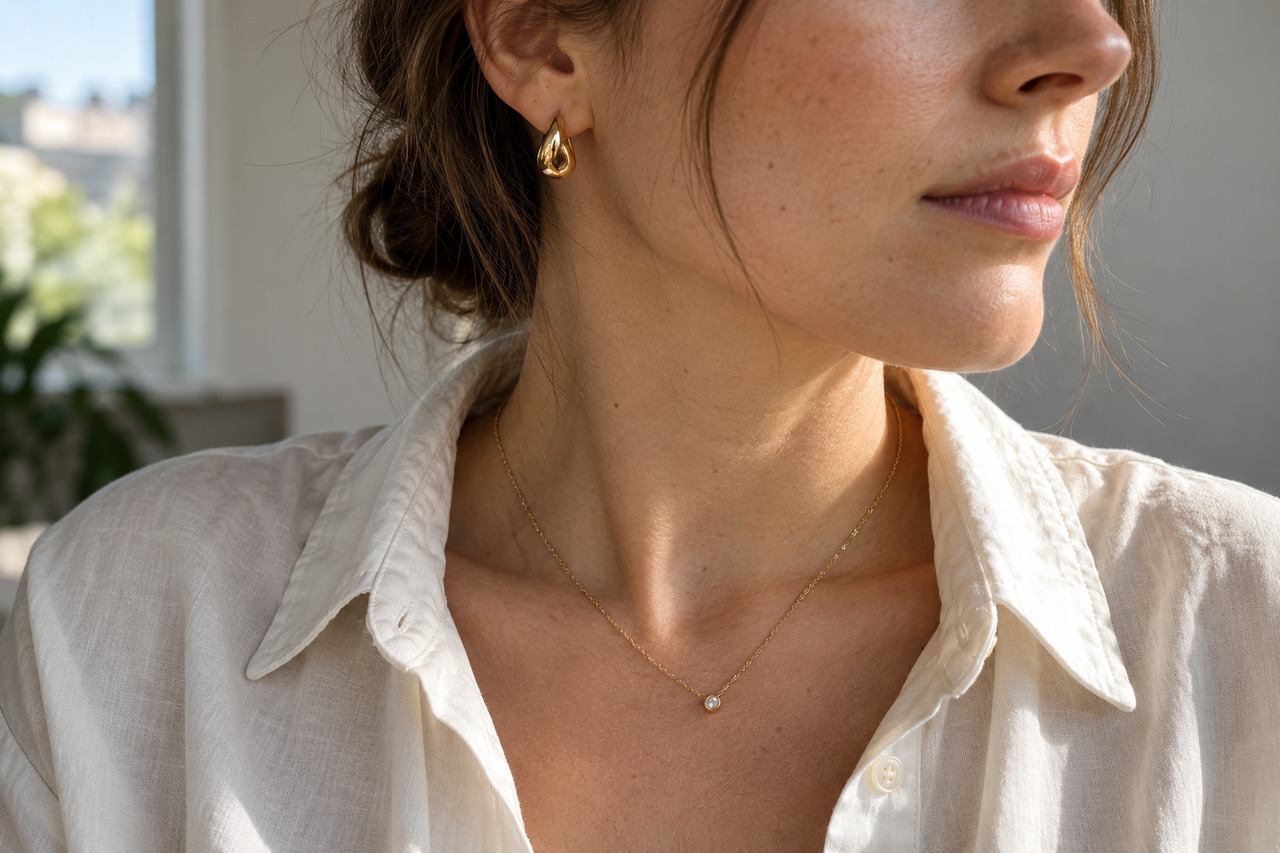 Détail de boucles d’oreilles dorées et d’un collier fin avec une chemise claire.