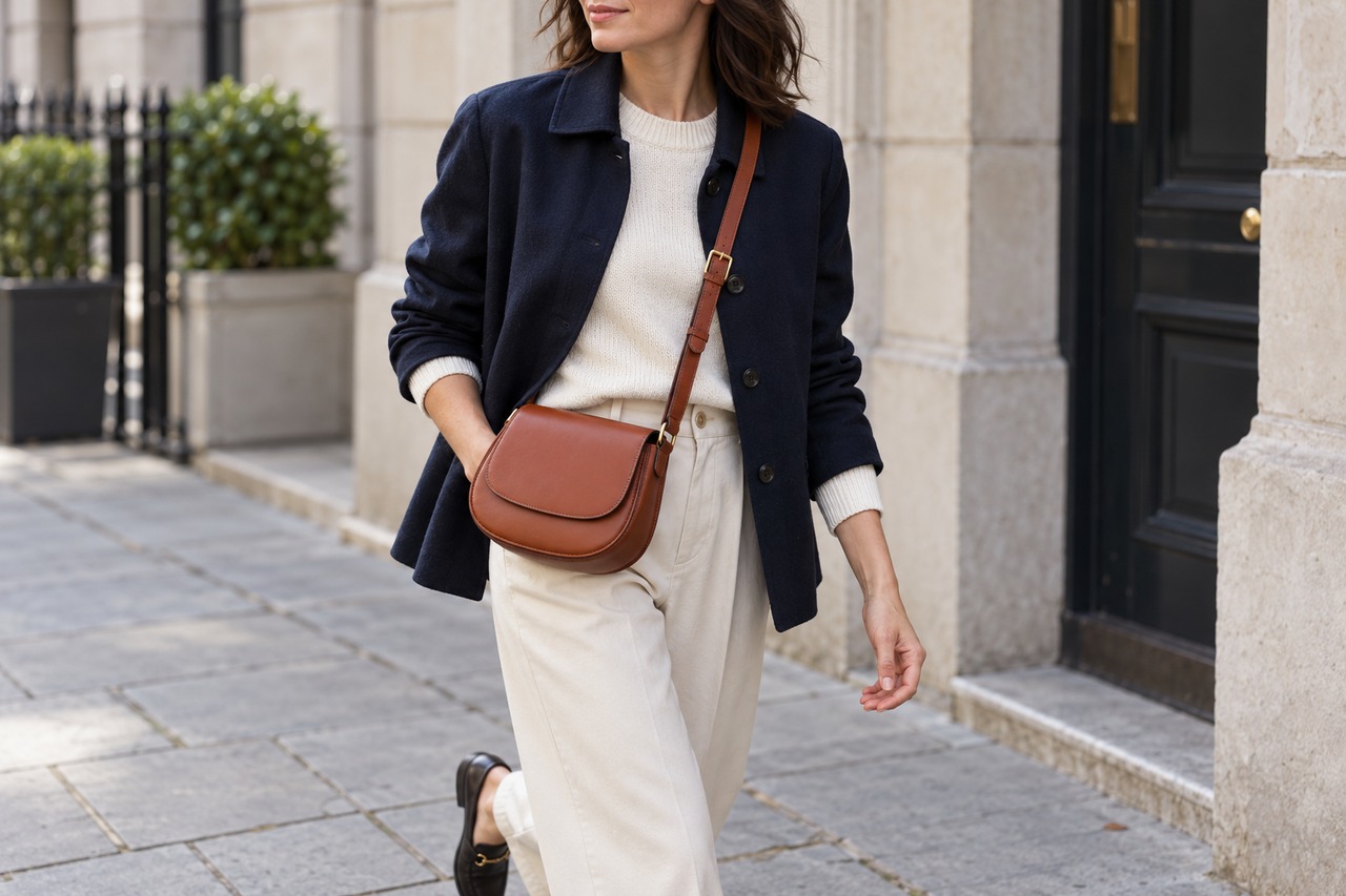 Sac rouille porté en bandoulière avec une veste marine et une maille claire.