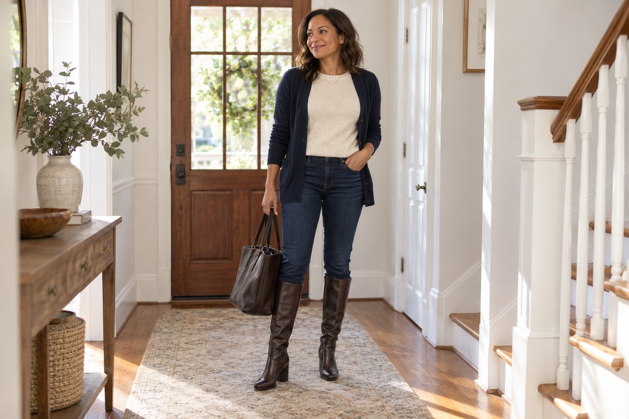 Femme essayant des bottes brunes à talons avec un jean, une maille écrue et un cardigan marine dans son entrée.