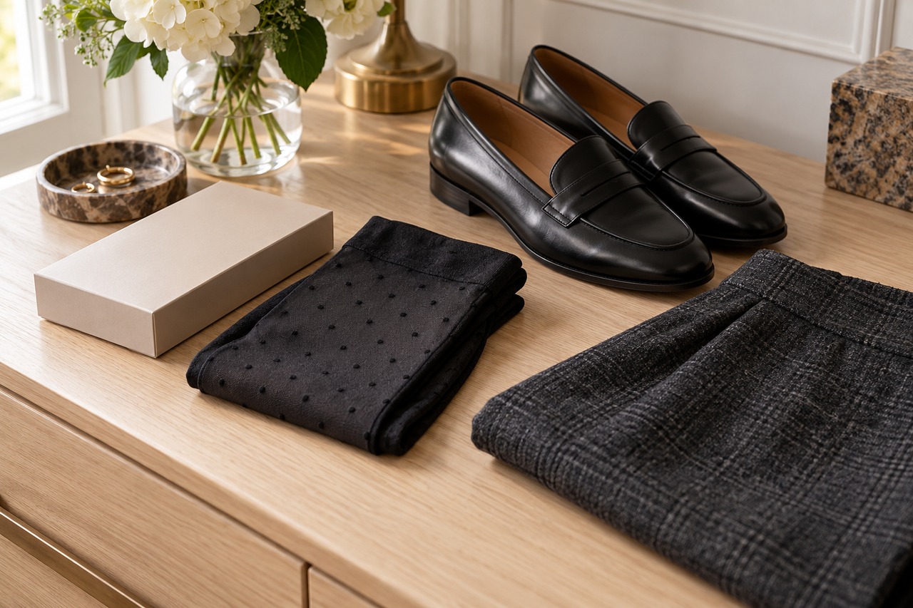 Collants noirs à petits pois pliés près de mocassins et d’une jupe sur une commode.