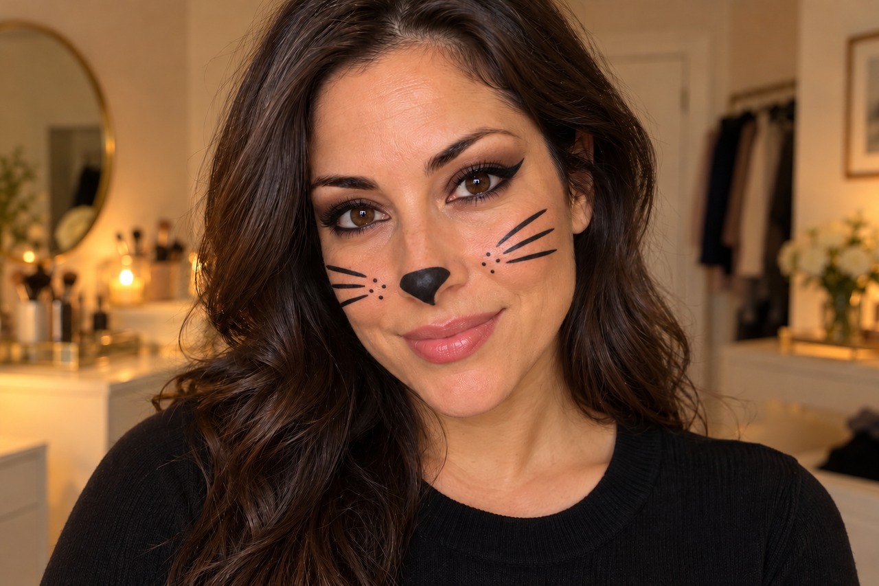 Femme maquillée en chat avec un eyeliner étiré, un nez noir et des moustaches dessinées sur les joues.