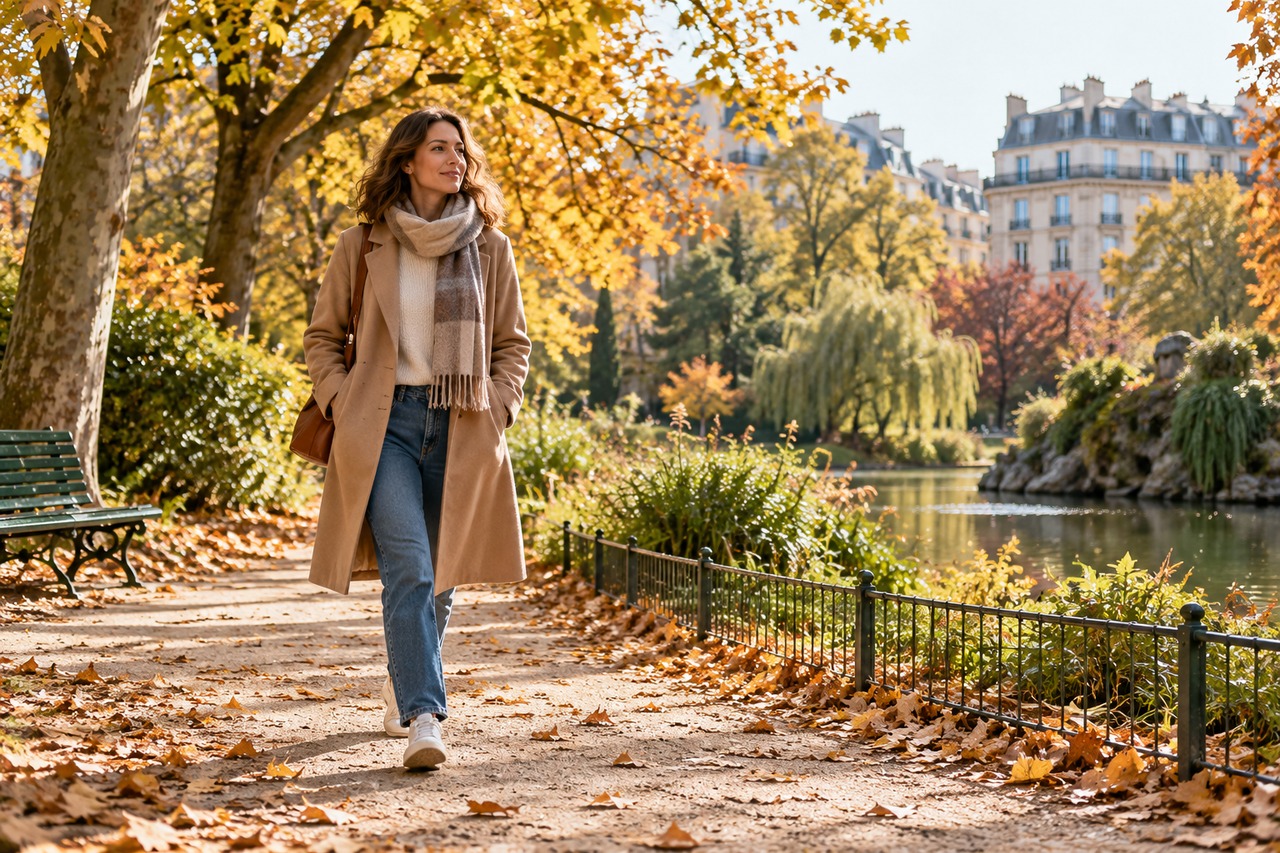 Femme marchant dans un parc aux couleurs d’automne en journée.