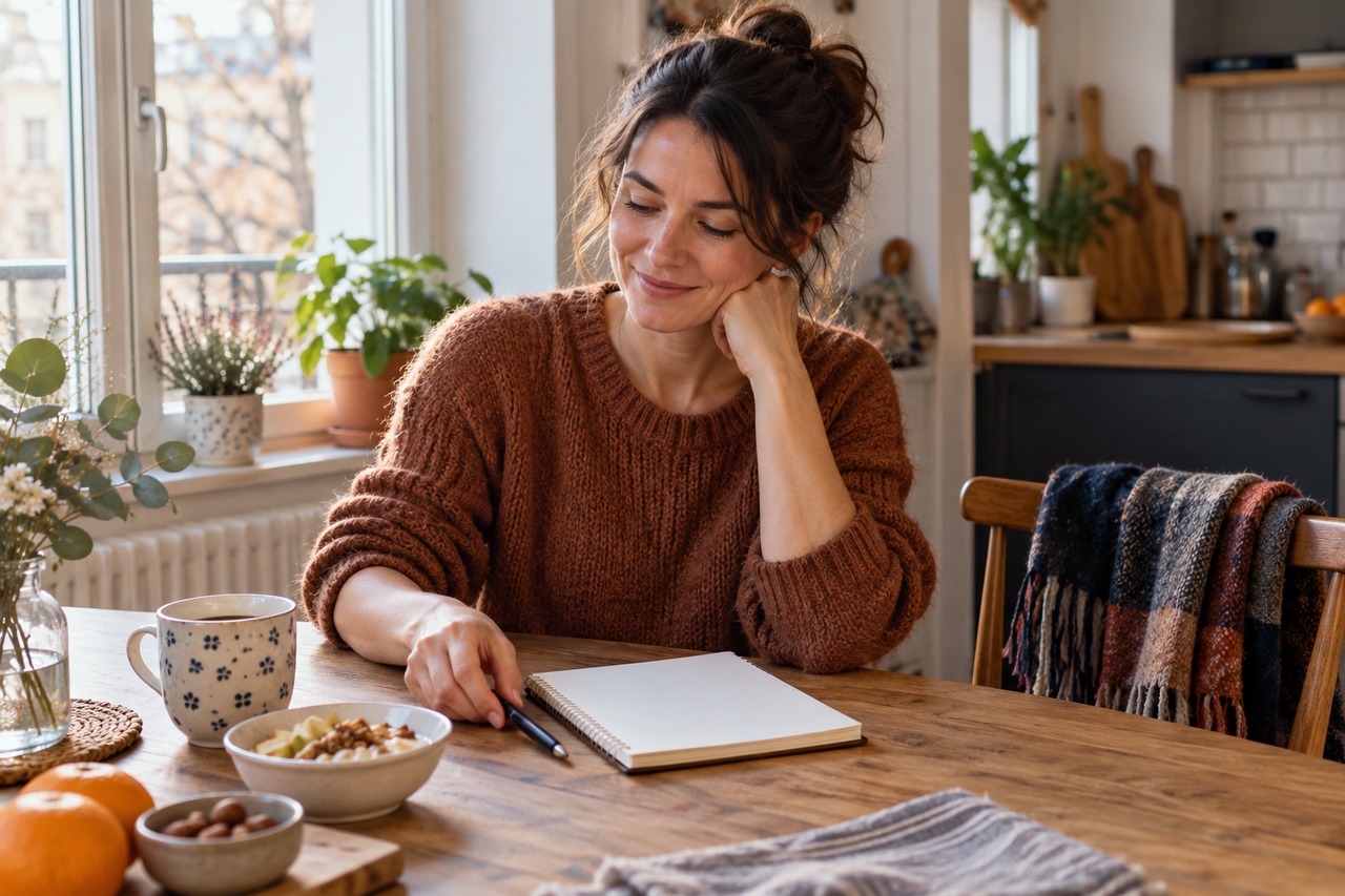 Femme à une table près d’une fenêtre le matin, avec un carnet et un petit déjeuner.
