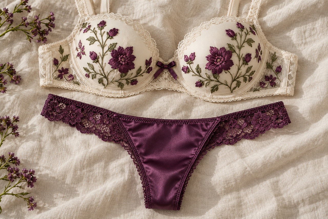 Les fleurs prune d’un soutien-gorge ivoire rappellent le satin prune du string posé à côté.