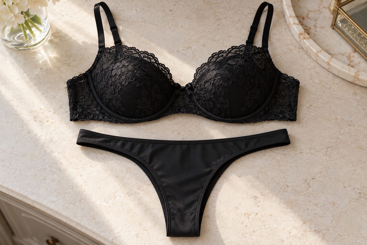 Duo composé d’un soutien-gorge noir en dentelle et d’un tanga noir en matière lisse.