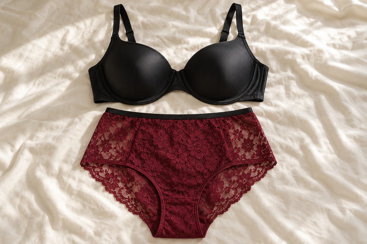 Duo composé d’un soutien-gorge noir lisse et d’une culotte bordeaux en dentelle avec bordure noire.