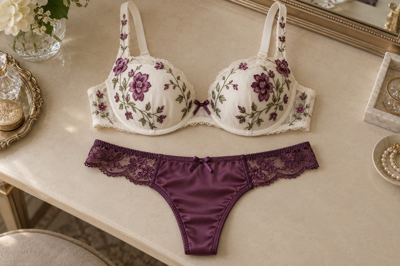 Duo composé d’un soutien-gorge ivoire brodé et d’un string prune au devant satiné couvrant et aux côtés en dentelle.
