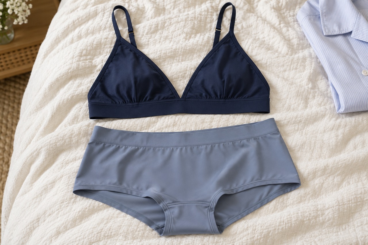 Duo composé d’une bralette triangle marine et d’un shorty bleu grisé en microfibre.