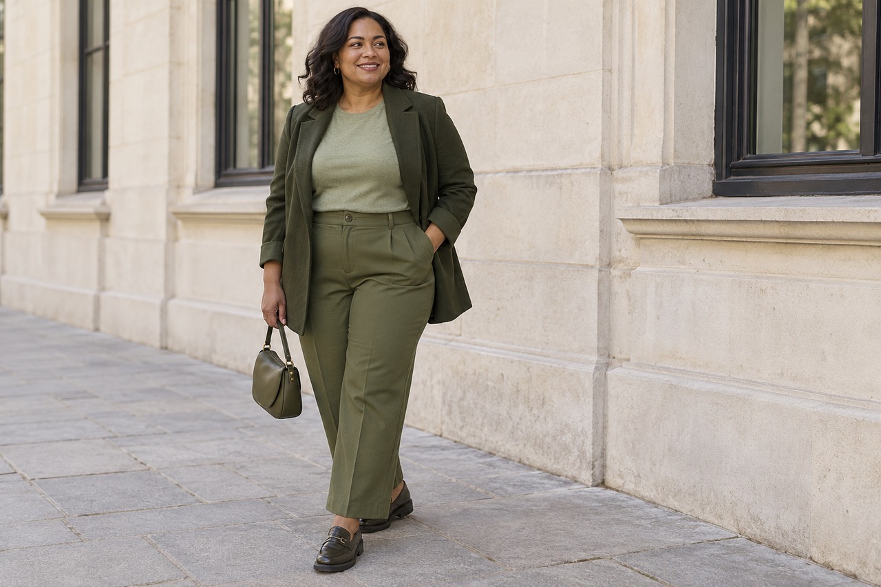 Femme portant un pull sauge, un pantalon olive et une veste vert profond ouverte.