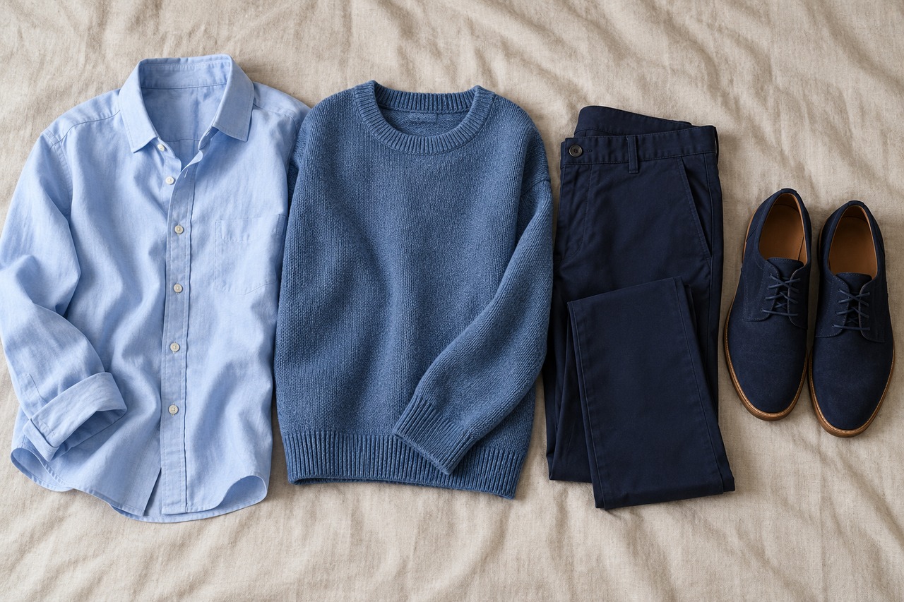 Chemise bleu clair, maille bleue, pantalon et chaussures marine disposés ensemble.