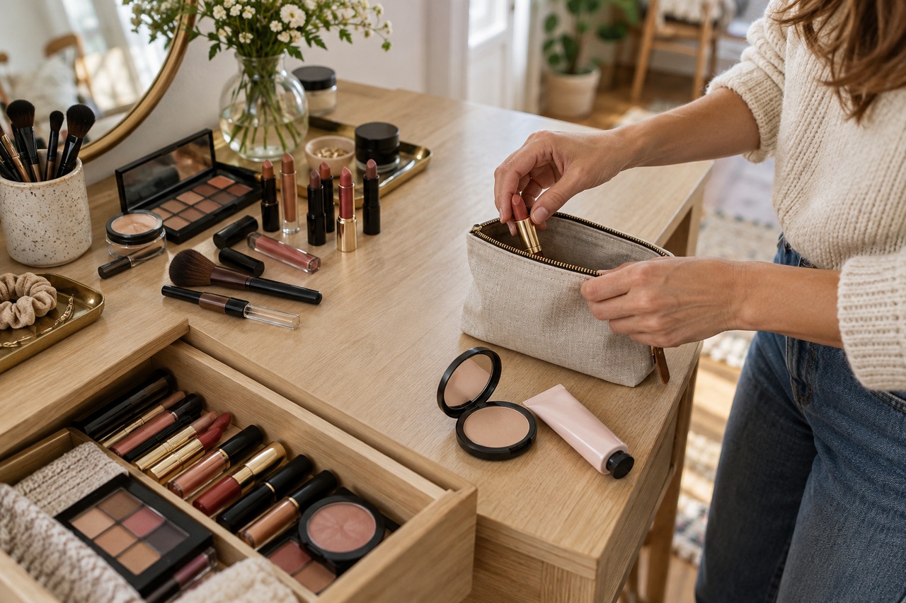 Des mains sélectionnent des cosmétiques dans un tiroir pour composer une petite trousse.
