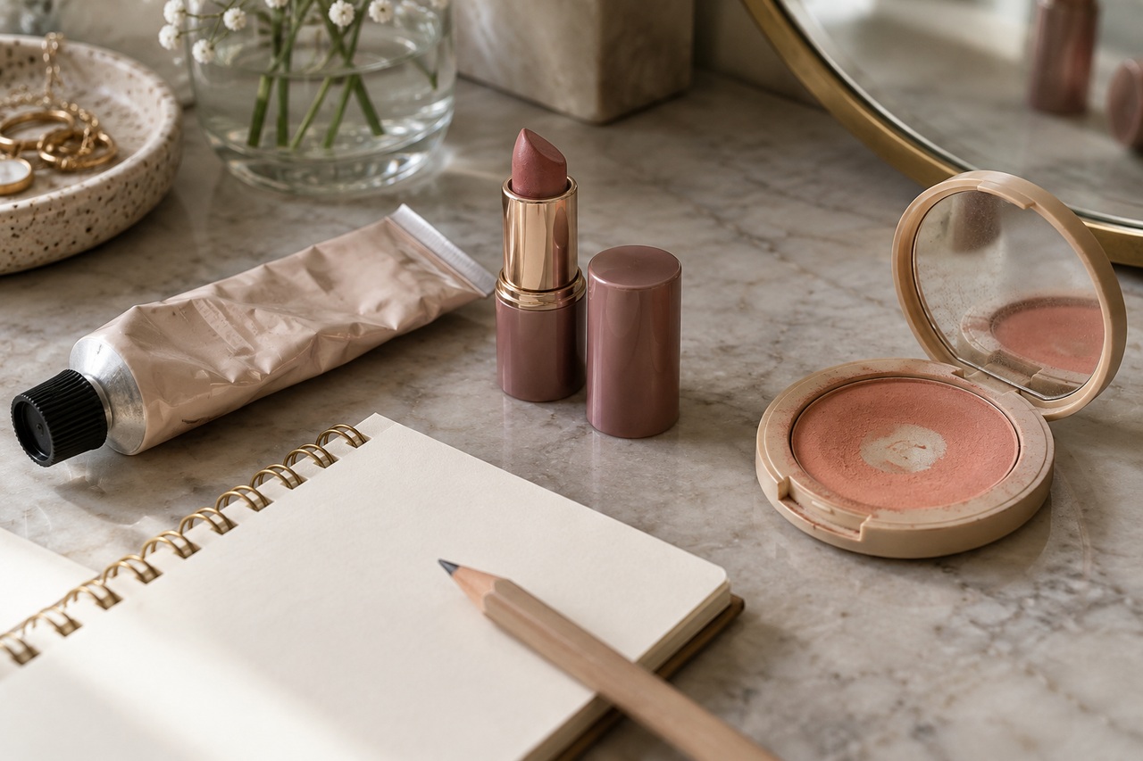 Crème pour les mains, rouge à lèvres et blush entamés près d’un carnet.