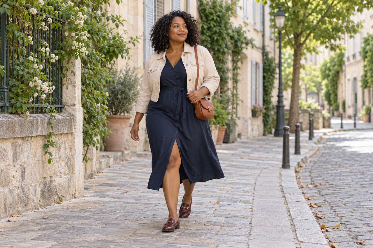 Femme portant une robe midi marine fendue, une veste beige et des mocassins bordeaux dans une rue.