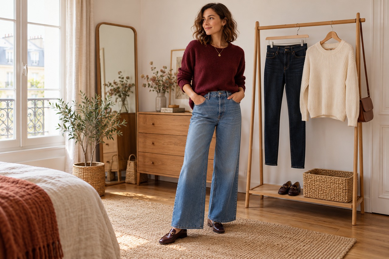 Femme en jean large dans un dressing où un jean skinny est également suspendu.