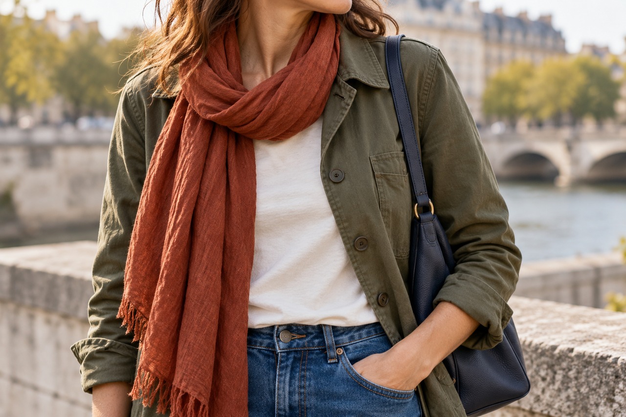 Détail d’une veste olive, d’un haut écru, d’un foulard rouille et d’un sac marine.