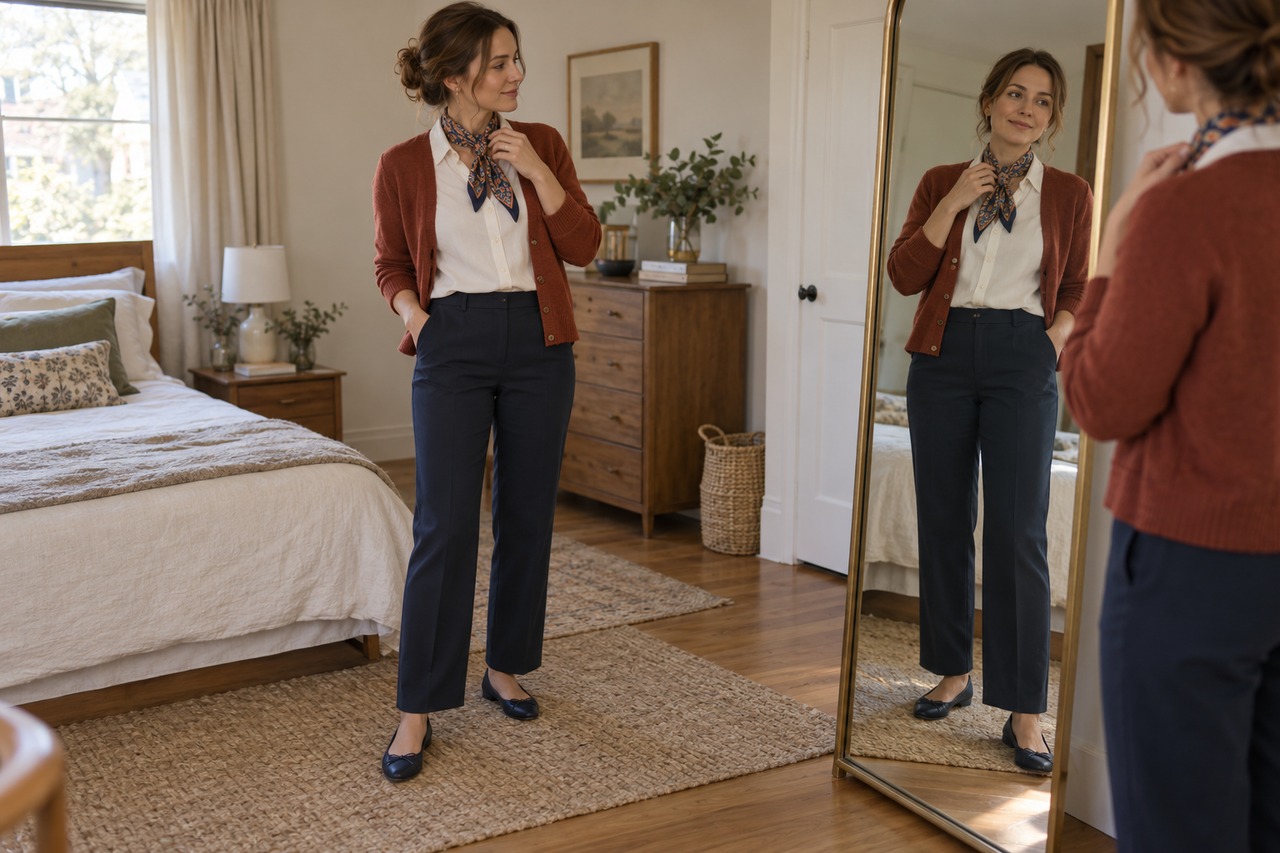 Femme essayant un foulard avec un pantalon marine, une chemise claire et un cardigan rouille.