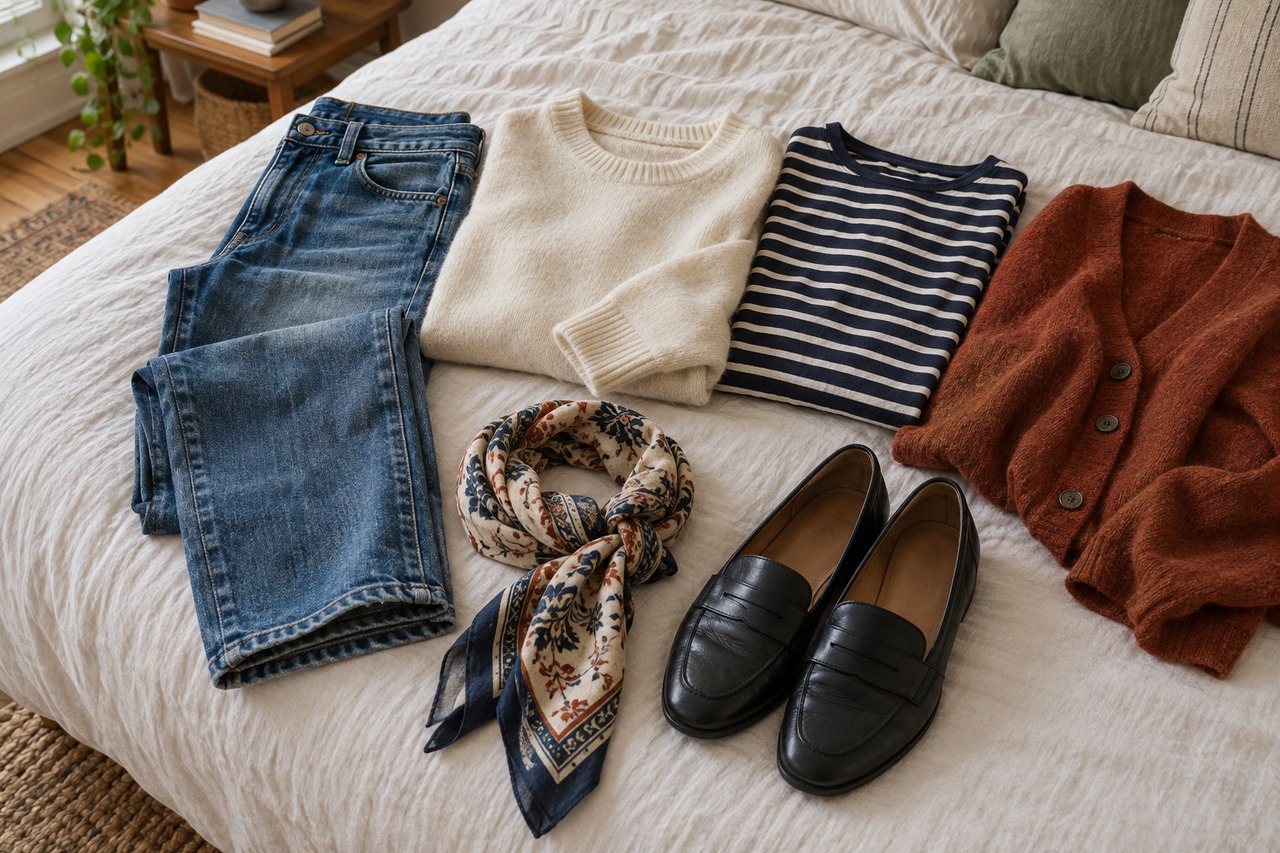 Sélection de vêtements du quotidien et chaussures disposés sur un lit.