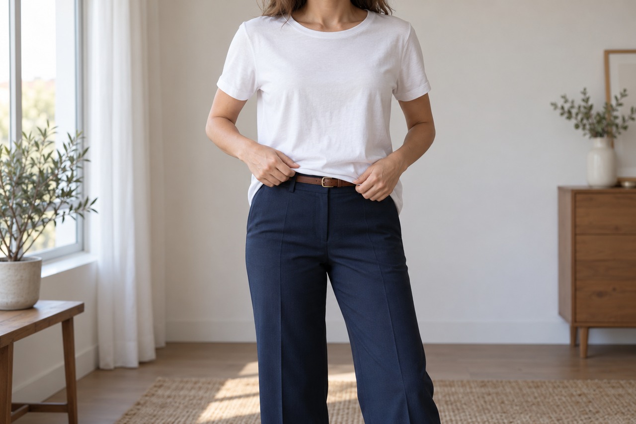 Tee-shirt blanc rentré souplement devant dans un pantalon marine avec ceinture brune.