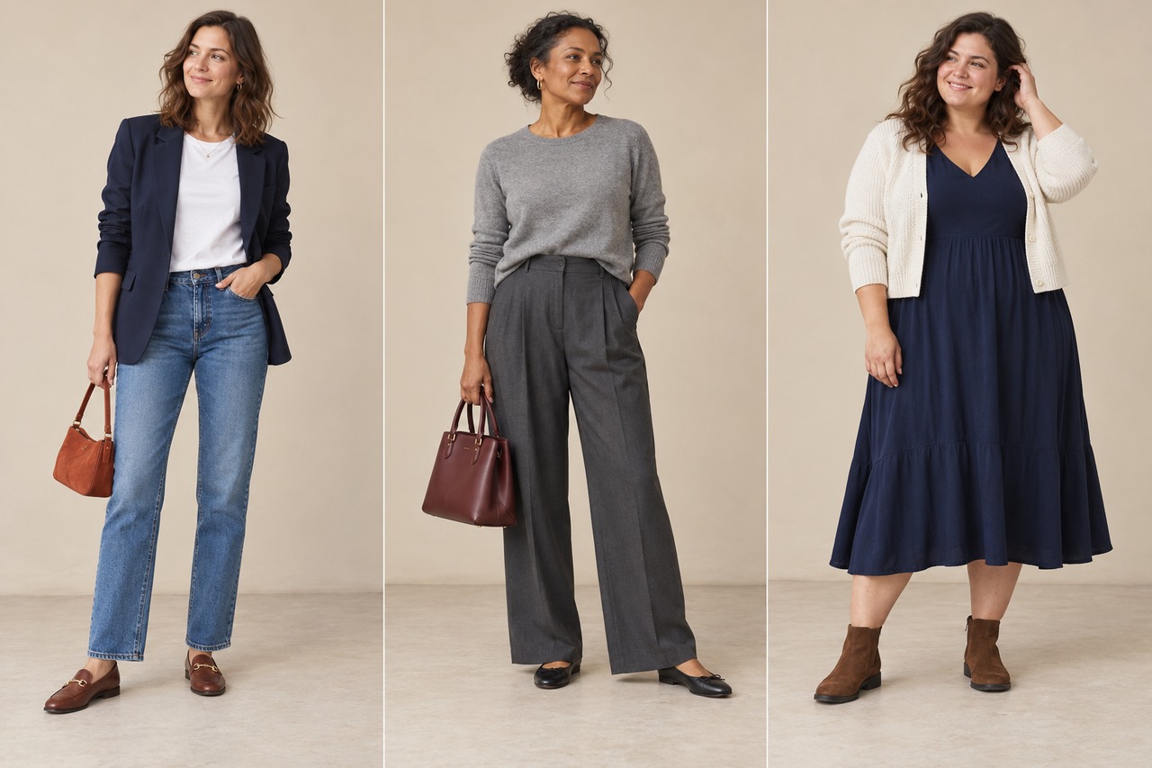 Triptyque montrant un jean avec tee-shirt et blazer, un pantalon souple avec pull gris, puis une robe marine avec cardigan écru.
