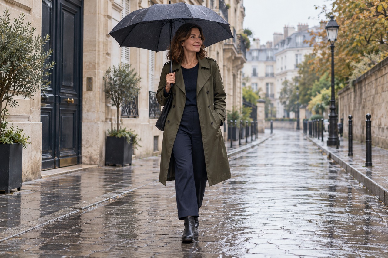 Femme en trench olive et bottines plates marchant sous un parapluie dans une rue humide.