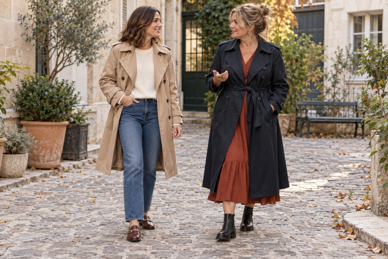 Deux femmes portent un trench beige sur un jean et un trench marine ceinturé sur une robe rouille.