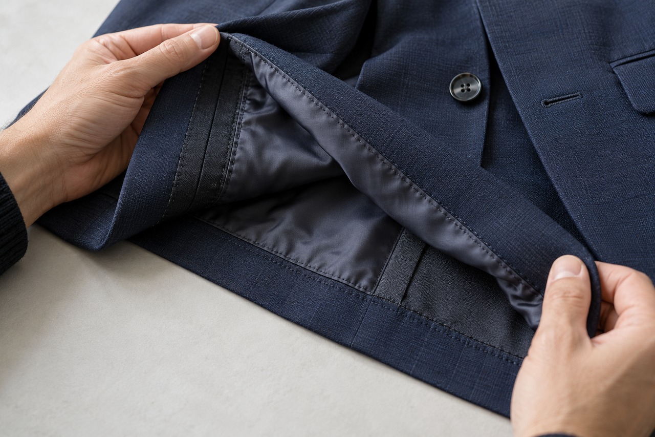 Détail de la doublure, des coutures et du bord intérieur d’une veste marine.